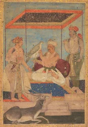 Akbar e Jahangir examinam um falcão Ghir enquanto o príncipe Khusrau fica atrás, c. 1602-1604.
