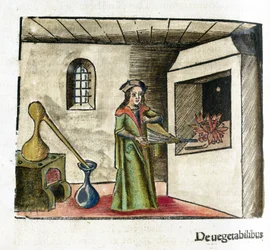 Alquimia do século XVI: um alquimista a trabalhar, activando um fole em frente à lareira da sua oficina, atrás dele, um fogão e um alambique.