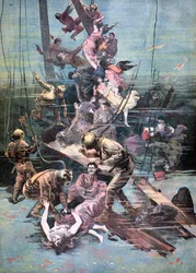 Um acidente em Santander, mergulhadores procurando o corpo das vítimas, 1893