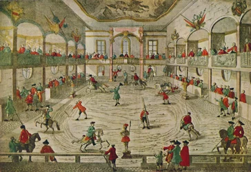Uma escola de equitação do século XVIII, mostrando a transição para o circo, 1942