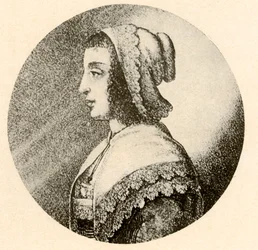 Uma mulher inglesa de touca e lenço enfeitada com renda Vandyke, 1640, 1937.