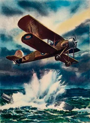 Uma impressão artística de um Fairey Swordfish afundando um U Boat no Mar do Norte, 1940