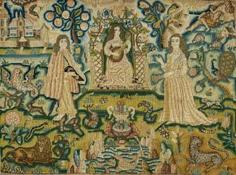 Um painel bordado com uma mulher a tocar guitarra, séc.