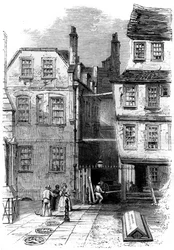 Casas antigas no templo e o túmulo de Oliver Goldsmith, Londres, 1860