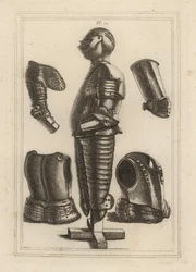 Antigo fato de armadura brilhante para John de Courcy, Conde do Ulster 1, e pouldron, garde-brass, avant-brass ou vambrace do Duque de Monmouth 2