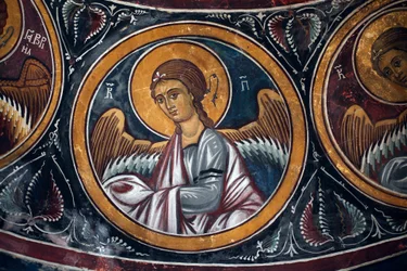 Angel Medallion around Christ and the Last Judgement Detail of the Byzantin fresco da abóbada de Narthex da igreja de Asinou Last judgement scene 14th century (1332) UNESCO, património cultural mundial região de Troodos, Chipre