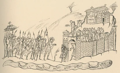 Guerreiros anglo-saxões se aproximando de um forte, 1908