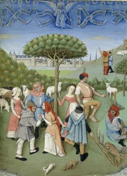 Anunciação aos pastores: dança do campo. De Heures de Charles d&39;Angoulême, c. 1480