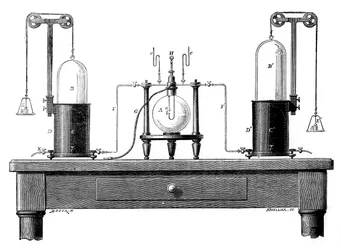 Aparelho de Antoine Lavoisiers para sintetizar a água do hidrogênio esquerdo e do oxigênio direito, 1881