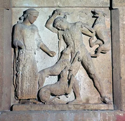 Metope arcaica mostrando Acteon e Artemis, século 5 aC