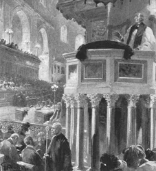 ... Arcebispo de Canterbury pregando ... após a morte da rainha Victorias, 1902, 1901.