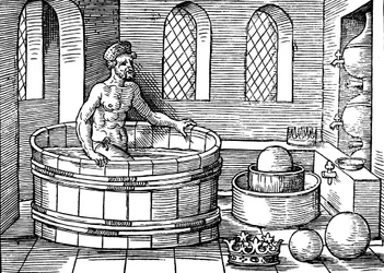 Arquimedes c287-212 aC, matemático e inventor da Grécia Antiga, em seu banho
