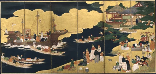 Chegada de um navio português. Tela Nanban, ca. 1600