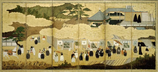 Chegada de um navio português. Tela Nanban, ca. 1600