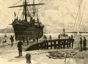 Chegada de um navio a vapor nas docas de Southampton, 1898.