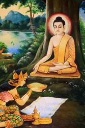 Na manhã da sua Iluminação, Nandabala ofereceu ao Buda asceta uma tigela de arroz com leite. Pintura que representa a história da vida do Buda Shakyamuni. Wat Ong Teu Mahawihan. Templo do Buda Pesado. Vientiane. Laos, 20151028, Vientiane, Laos