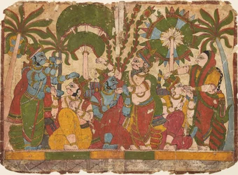 Assassino a apontar uma flecha a um rei sentado numa varanda, c. 1830