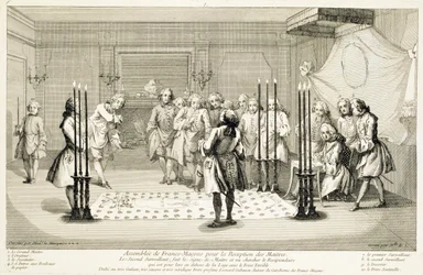 Assembleia de maçons antes da iniciação de um mestre, c. 1733