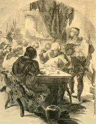 Em um banquete dado por Harold, ele recebe a notícia da invasão dos normandos, c1890.