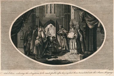Athelstan ordenando a publicação das escrituras traduzidas para o anglo-saxão, 930s 1793