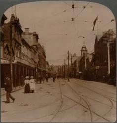 Rua principal de negócios de Aucklands, Queen St., olhando S., Nova Zelândia, c1900