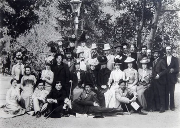Autor Maxim Gorky e Anton Chekhov entre os atores do Moscow Art Theatre, 1900