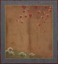 Videira de outono, árvores distantes e neve, período Edo, 1615-1868.