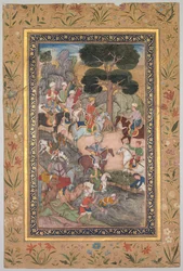 Reunião de Babur com o sultão Ali Mirza no rio Kohik, de Memórias de Babur-nama de Babur, c. 159