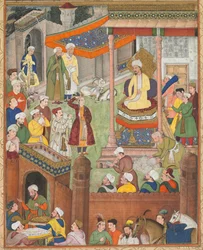 Babur recebe saque e Humayuns saúdam após a vitória sobre o sultão Ibrahim ..., c. 1596-1597 ou