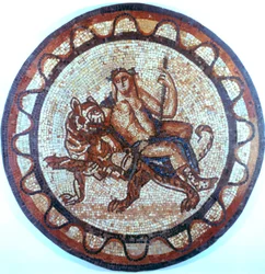 Baco, antigo deus romano do vinho, montado em um tigre, mosaico romano, século 1 ou 2