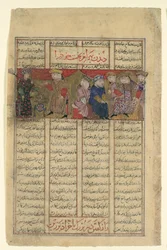 Bahram Chubina encontra uma senhora que prediz seu destino, Folio from a Shahnama..., ca. 1330-40.