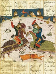 O ataque nocturno de Bahram Shubina ao campo de Khusrau Parviz, c. 1420. Pintado em miniatura,