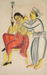 Barbeiro que limpa uma orelha da mulher, 1800s.