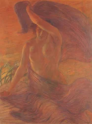 Mulher nua usando um véu como vestido