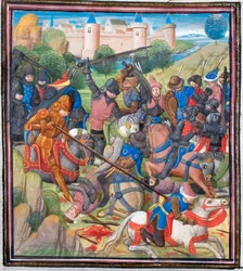 Batalha entre cruzados sob Baldwin II de Jerusalém e os sarracenos. Miniatura da História de William of Tyre, 1460s