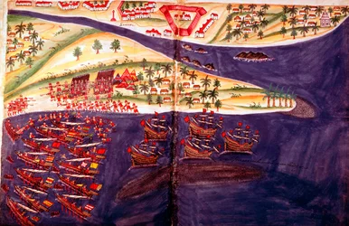 Batalha entre muçulmanos e portugueses em Surat, Gujarat, perto de Bombaim, Índia, século XVI
