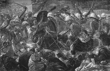 Batalha de Baba Wali: os montanheses limpando uma vila, c1880