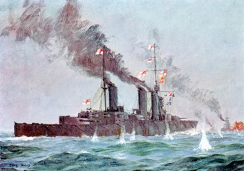 Battlecruiser HMS Lion entrando em ação, Batalha da Jutlândia 31 de maio a 1 de junho de 1916