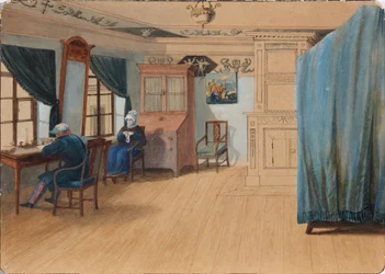 Interior do quarto. Conde Yegor Frantsevich Kankrin 1774-1845 em sua mesa, década de 1820