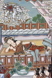 Antes do nascimento de Siddartha Gautama, sua mãe sonhava com um elefante branco apresentando-lhe uma flor de lótus, Seul, Coree du Sud.