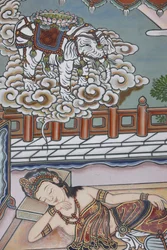 Antes do nascimento de Siddartha Gautama, sua mãe sonhava com um elefante branco apresentando-lhe uma flor de lótus, Seul, Coree du Sud.