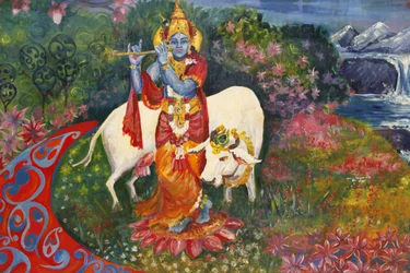 Bhaktivedanta Manor Painting retratando Krishna e uma vaca, Watford, Grande-Bretagne
