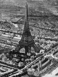 Vista panorâmica da Torre Eiffel na época da abertura da Exposição de Paris de 1889