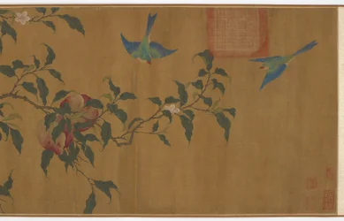 Aves entre ramos de pêssego, dinastia Qing, século XVIII.
