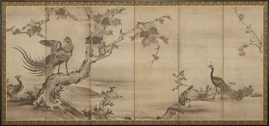 Pássaros, flores e árvores: ao fundo, bambus, período Momoyama, 1568-1615.