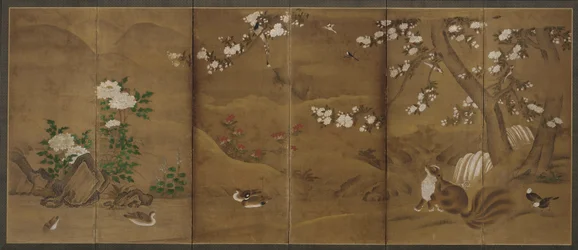 Pássaros, flores das estações e gatos-almiscarados, período Muromachi ou Momoyama, século XVI.