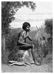 Homem negro a reparar a sua rede, Austrália, 1886