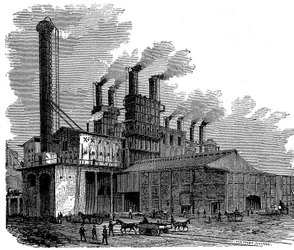 Alto-fornos na Phoenix Iron and Bridge Works, Phoenixville, Pensilvânia, EUA, 1873