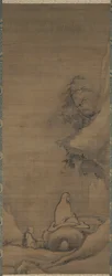 Bodhidharma meditando de frente para um penhasco, final dos anos 1200.