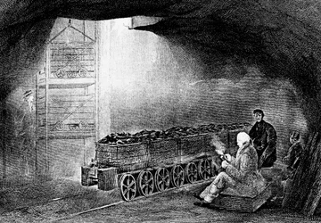 Fundo de um poço de poço em uma mina de carvão com um trem de vagões carregados, 1860